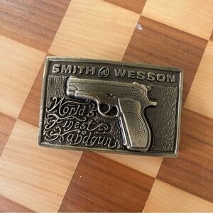 Vintage 70s Solid Brass Smith and Wesson World’s Finest Handgun Belt Buckle